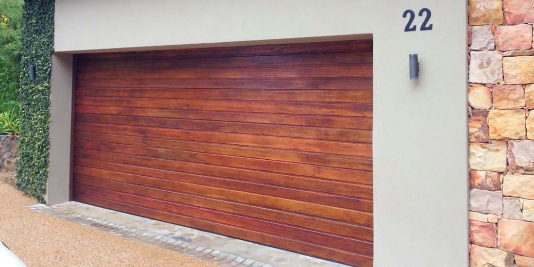 Double horizontal slatted meranti sectional door